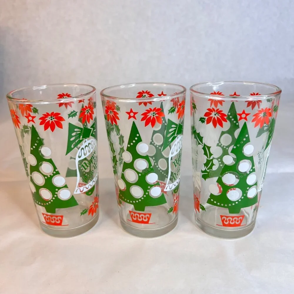 5 Vintage Hazel Atlas Tumblers Christmas Drinking Glasses Happy New Year 10 OZ‎